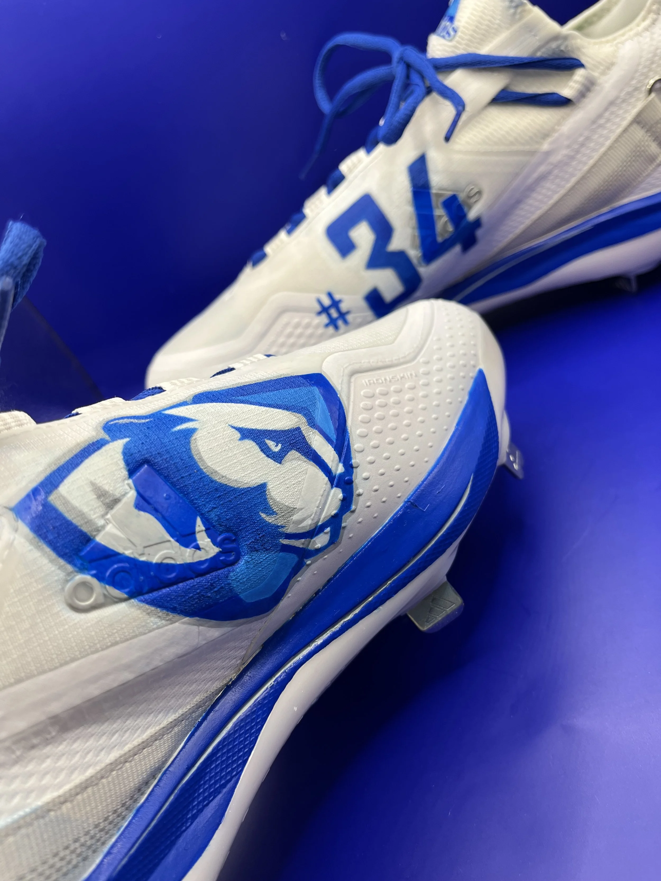 Close-up of a white and blue sneaker with the hashtag '#S4' and a lion design on the side, set against a blue background.