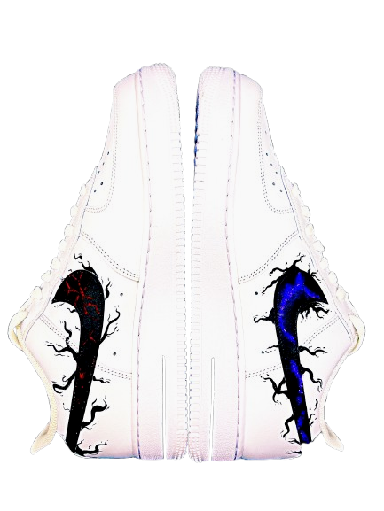 Pair of white Nike sneakers with black and red and black and blue lightning bolt designs on the sides.