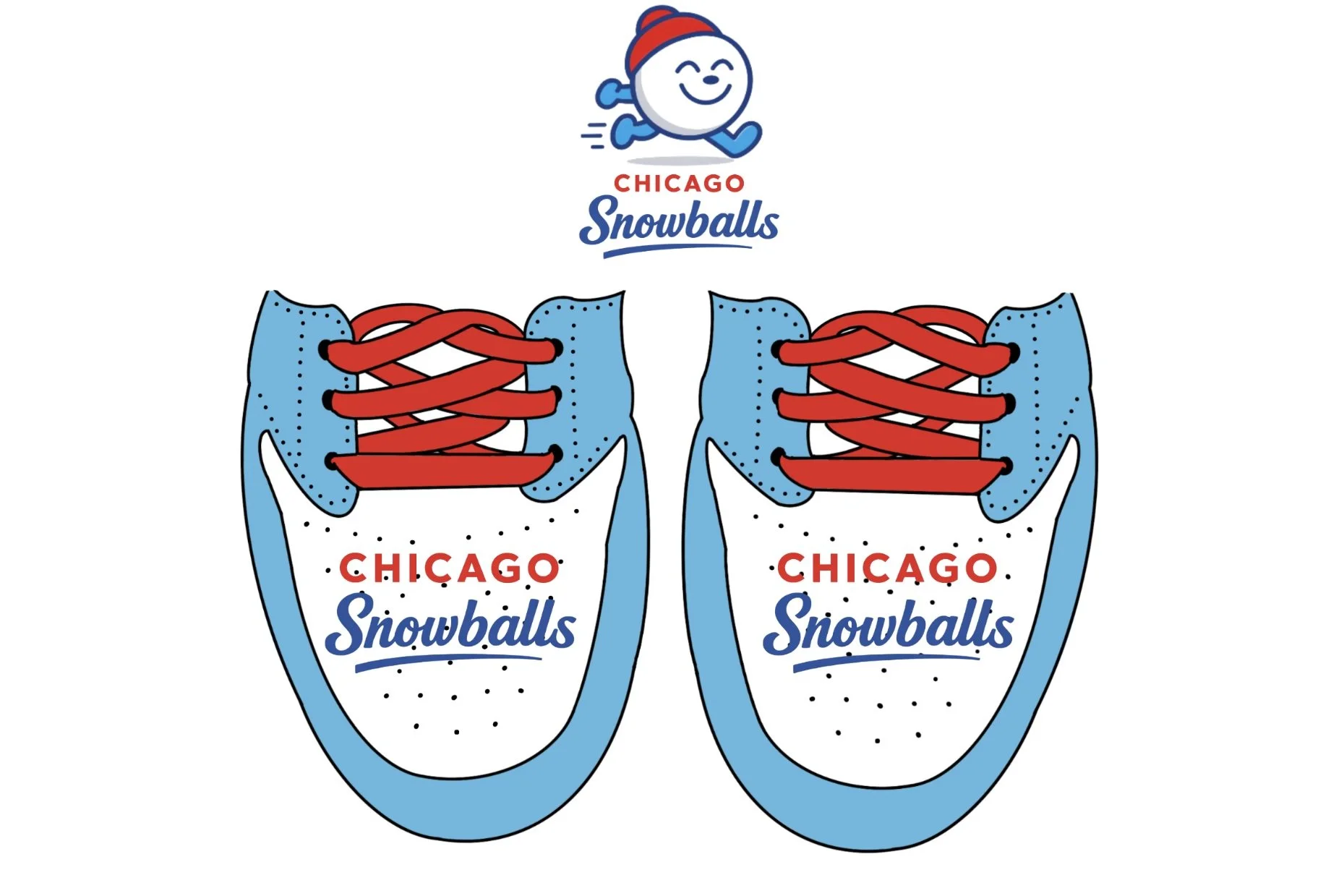 Graphic illustration of a pair of sneakers with laces, featuring the text 'Chicago Snowballs' on each shoe and a smiling snowball mascot wearing a red hat and a red scarf above.