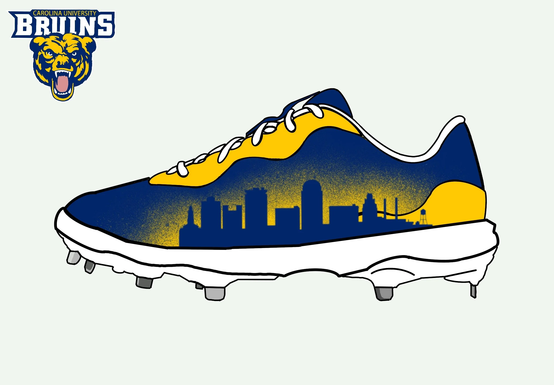 A sneaker with a city skyline design in navy blue and yellow, placed on a background of a shoe sole, featuring a skull logo with a lion's face and the text 'Carolina University Bruins' in the top left corner.