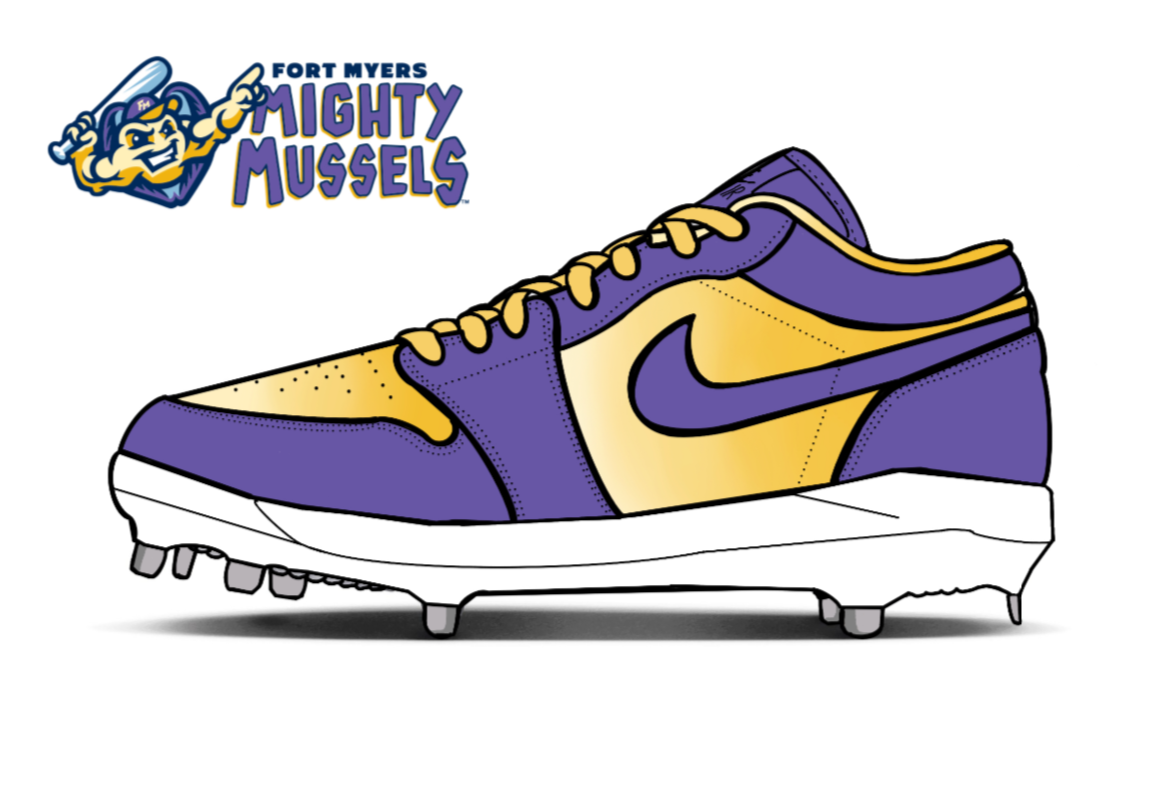 Illustration of a Nike baseball cleat in purple and yellow, with the Fort Myers Mighty Mussels logo in the top left corner.