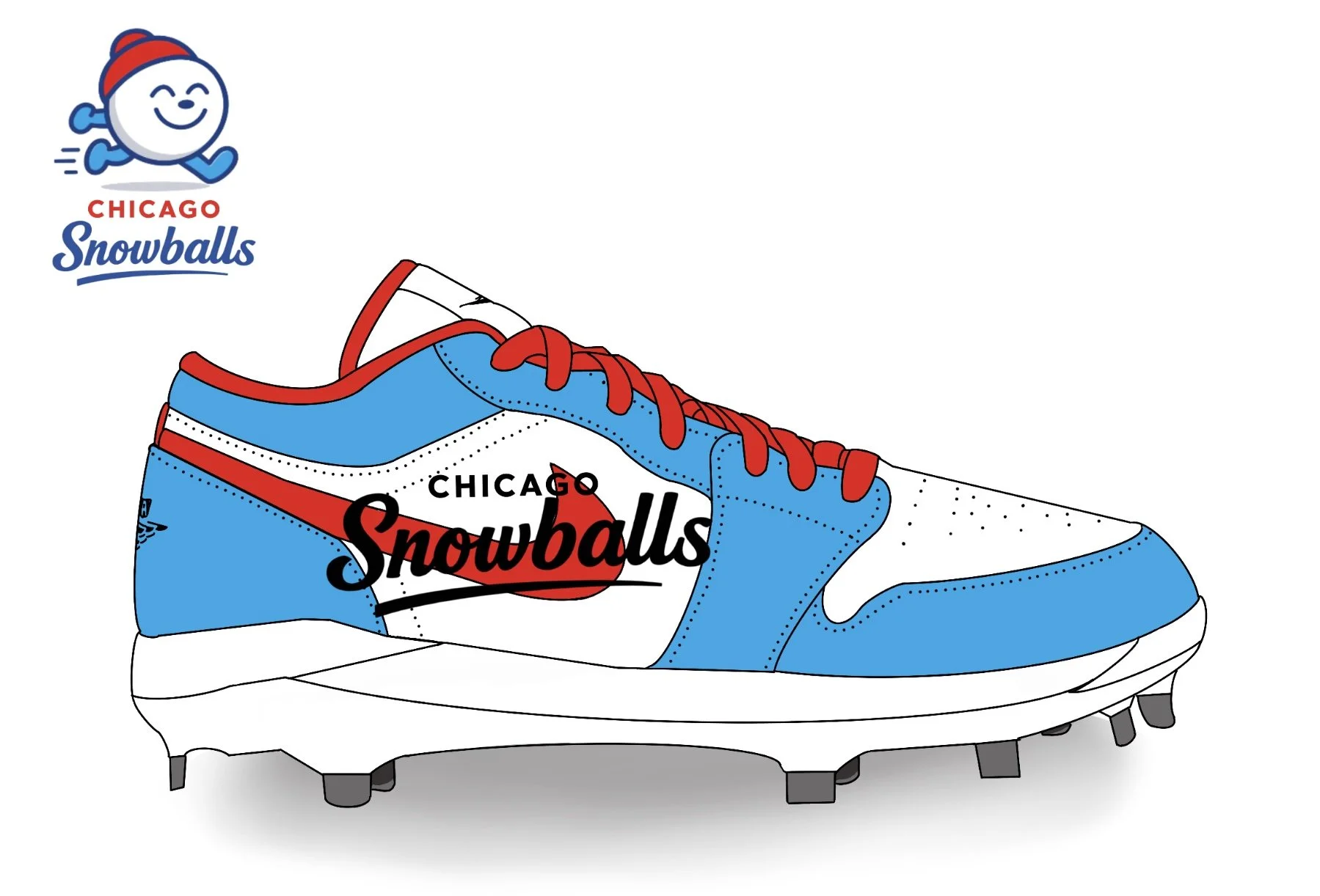 Illustration of a blue and white baseball cleat with red accents and the Chicago Snowballs logo, featuring a smiling snowball mascot wearing a red hat, set against a white background.
