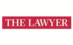 The logo of The Lawyer magazine with white text on a red background