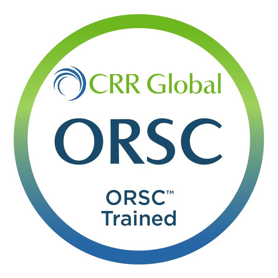 Circular logo with green and blue border, featuring the text "CRR Global" in green, "ORSC" in large navy blue letters, and "ORSC Trained" in smaller navy blue text.