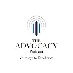 Logo for the advocay podcast 'Journeys to Excellence' featuring a stylized microphone and sound waves.