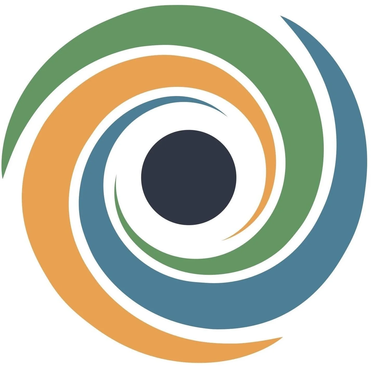 Colorful concentric circles in green, orange, blue, and black arranged in a spiral pattern.