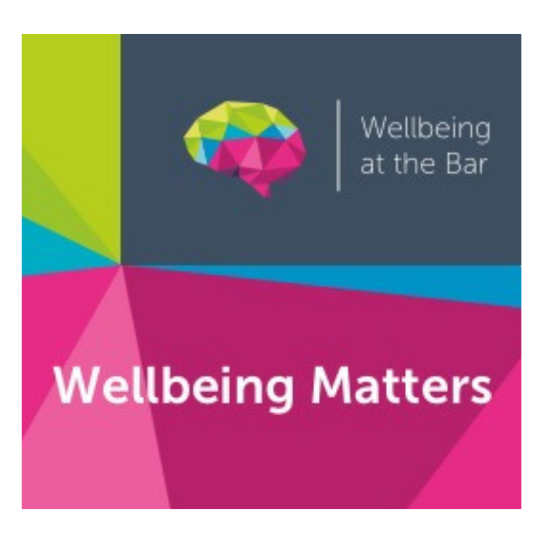 Colorful graphic with a brain icon and the text 'Wellbeing at the Bar' and 'Wellbeing Matters' on a background of vibrant geometric shapes.