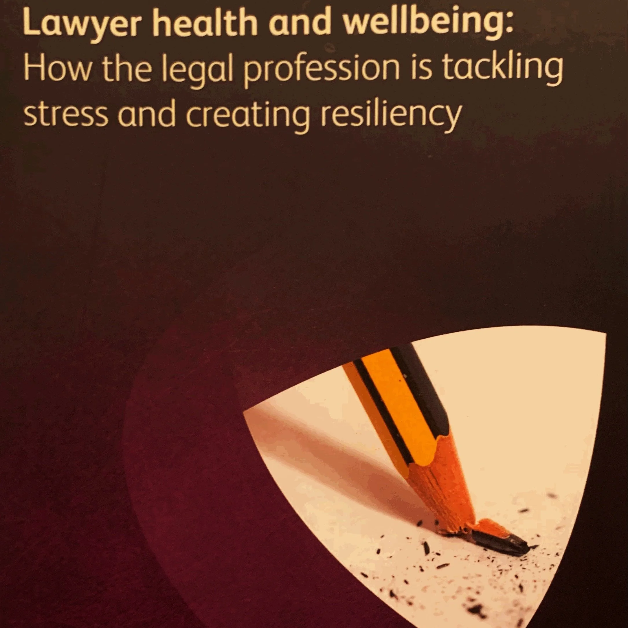Close-up of a book cover with the title 'Lawyer health and wellbeing: How the legal profession is tackling stress and creating resiliency' written in yellow on a dark background, and an orange and black illustration of a hammer at the bottom right.