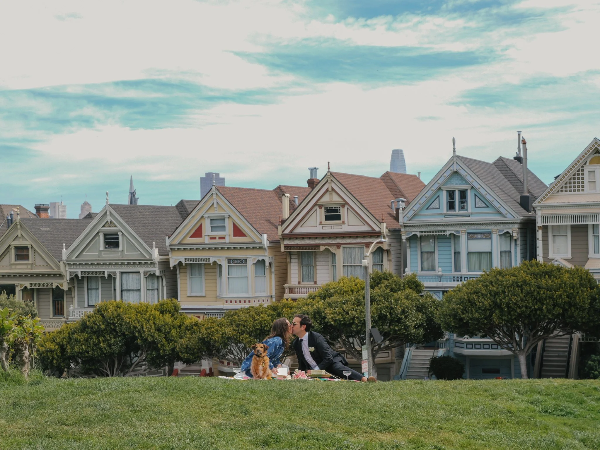 A couple kissing on the grass during a daytime outdoor event with Victorian-style houses and city buildings in the background. A dog sits nearby, and trees line the area.