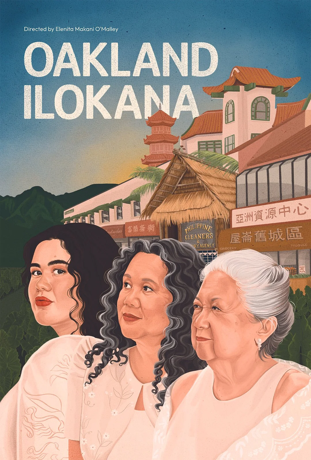 Illustration of three women, standing in front of a background depicting Oakland, California with Asian architecture and signage, including a bamboo roof and signs in Chinese and Filipino.