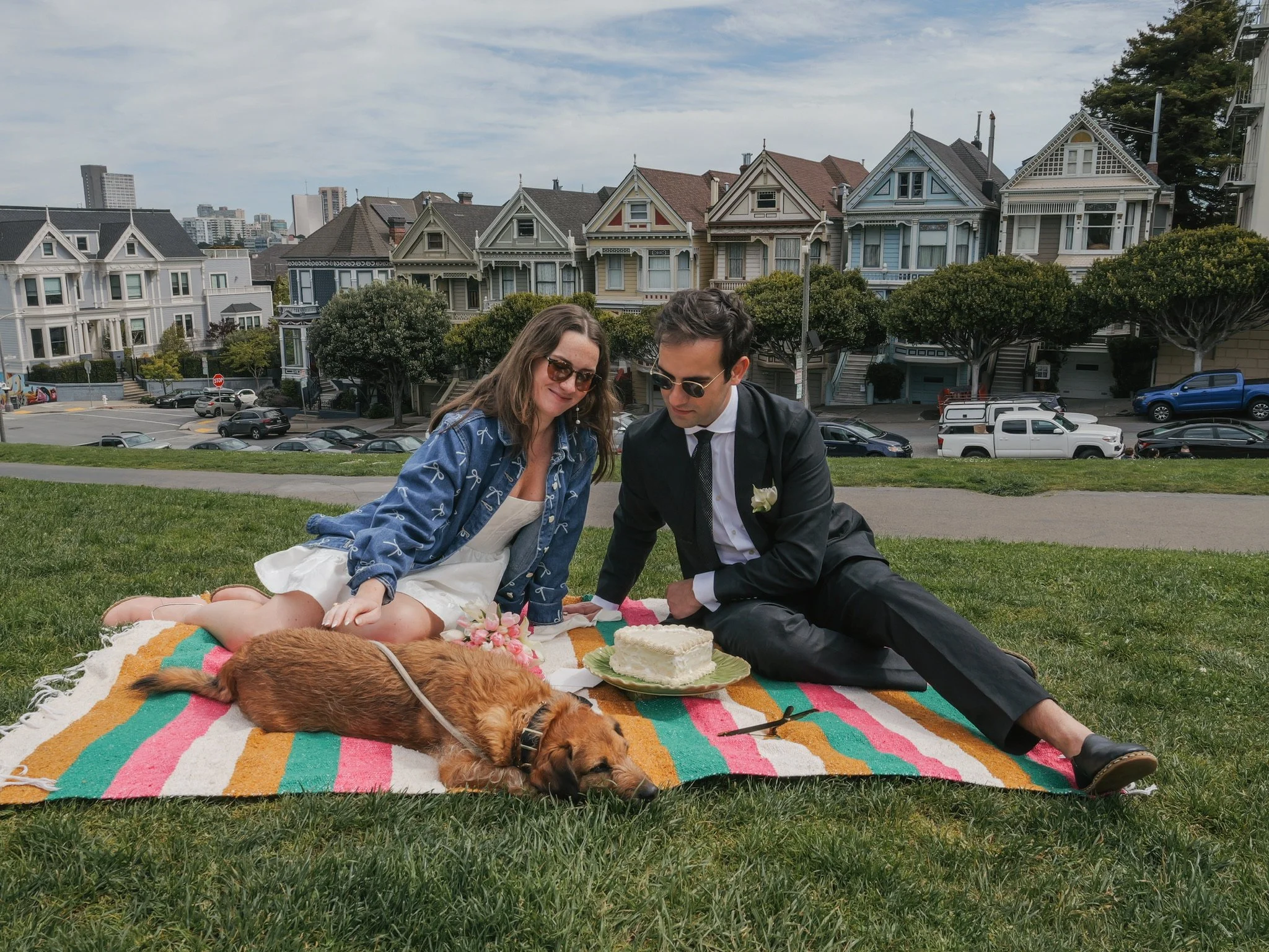 A bride and groom outdoors on a grassy area, with colorful houses and a cityscape in the background, sitting on a blanket with a dog, flowers, and a cake.