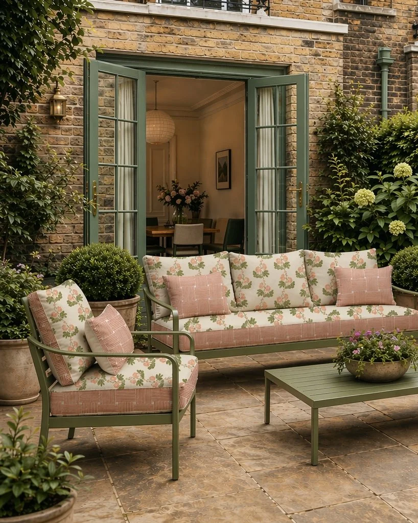 An outdoor patio with patio furniture, including a floral-patterned sofa and armchair, and a coffee table with a flower pot. There are potted plants around the patio, and open French doors lead into a room with a dining table, chairs, and a floral centerpiece.