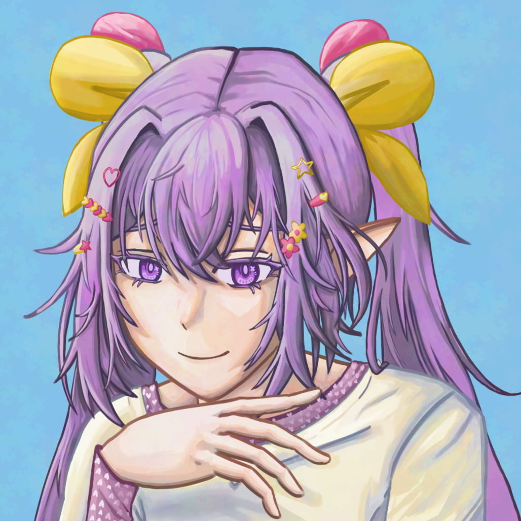 Anime-style girl with long purple hair, elf ears, and large yellow bows. She has purple eyes with star-shaped pupils, and hair decorated with small colorful star, heart, and flower accessories. She is wearing a light-colored shirt with purple accents and makes a playful gesture with her hand.