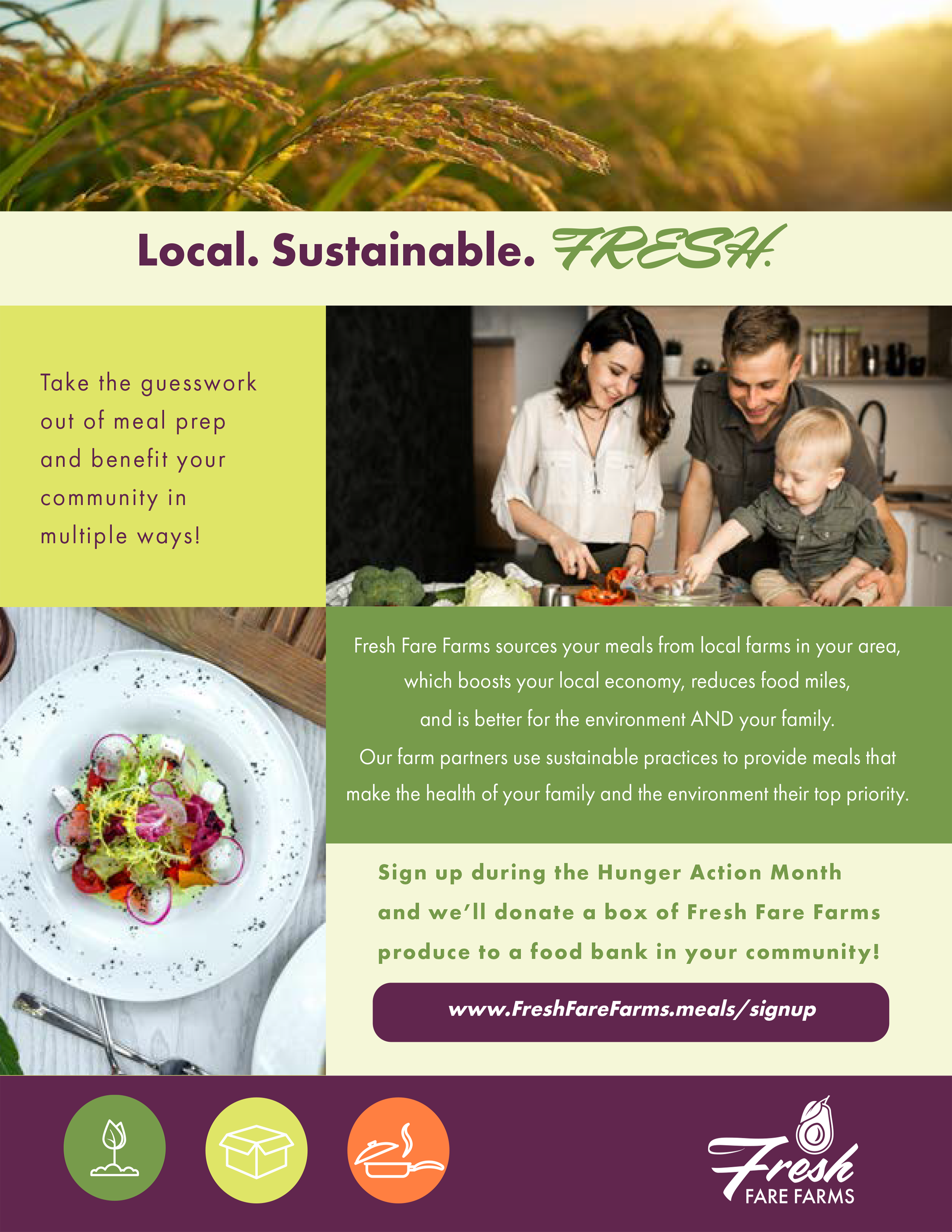 A flyer promoting local, sustainable, and fresh food from Fresh Fare Farms. It features a picture of a family preparing meals in a kitchen, with a plate of colorful salad. The flyer encourages signing up during Hunger Action Month to donate farm produce to local food banks. The bottom has icons representing sustainability, local farms, cooking, and food donation, along with the farms' website.