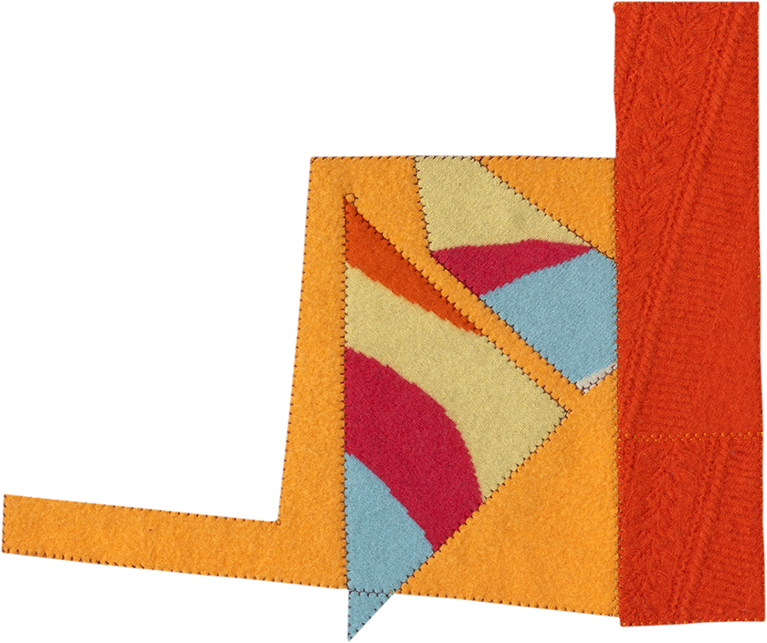 image of geometric textile artwork with multiple colors and patterns including tones of yellow, gold, orange, red, and blue