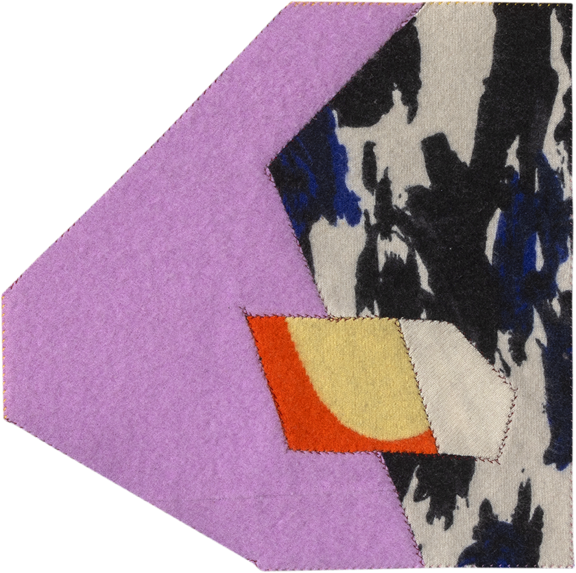 image of geometric textile artwork with multiple colors and patterns including tones of lavender, orange, yellow, blue, and black