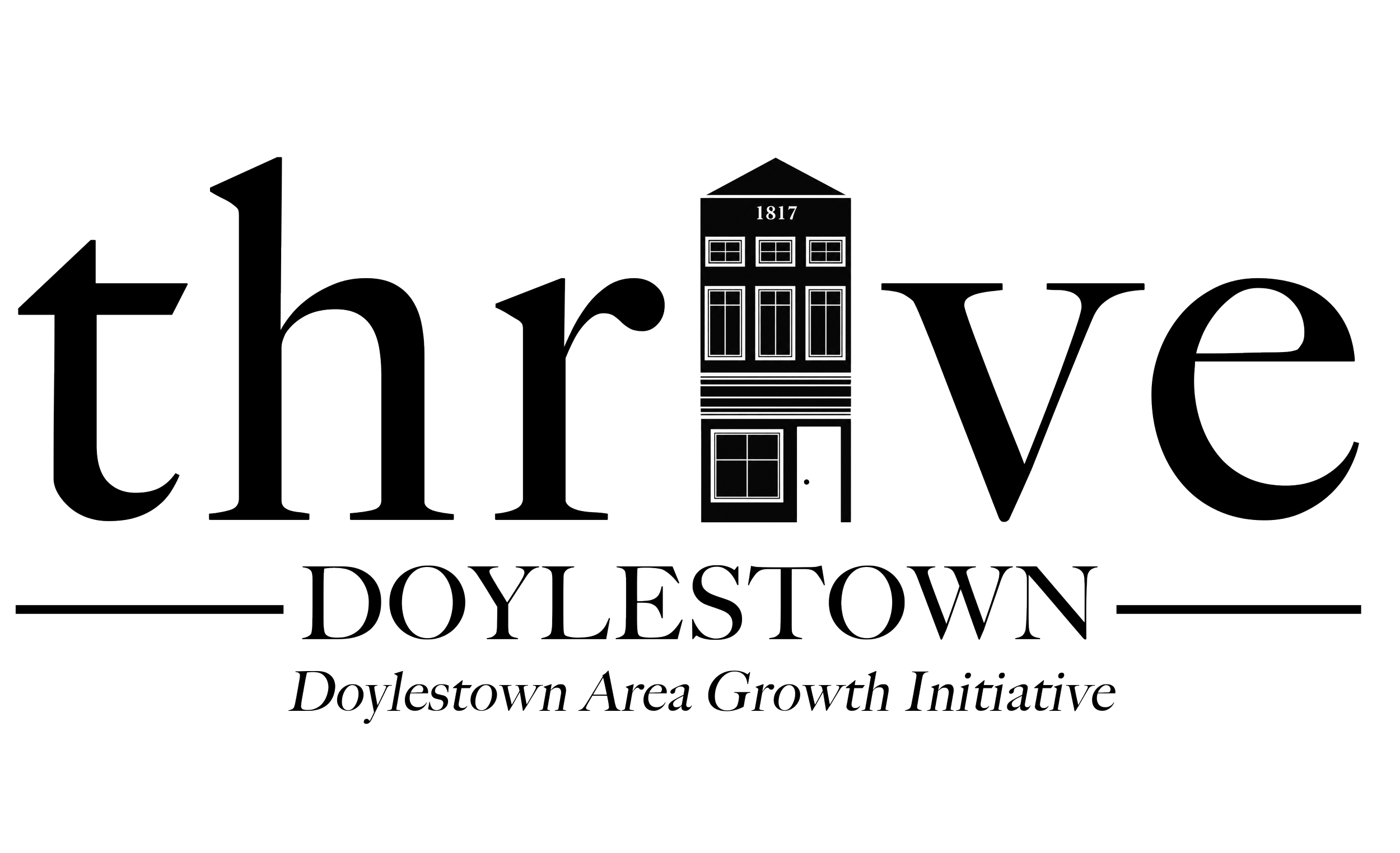 Logo for Doylestown Area Growth Initiative featuring the word 'thrive' with the letter 'i' replaced by a building with windows and the year 1817 at the top.