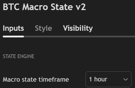Macro State settings panel showing customizable timeframe controls for digital asset market analysis.