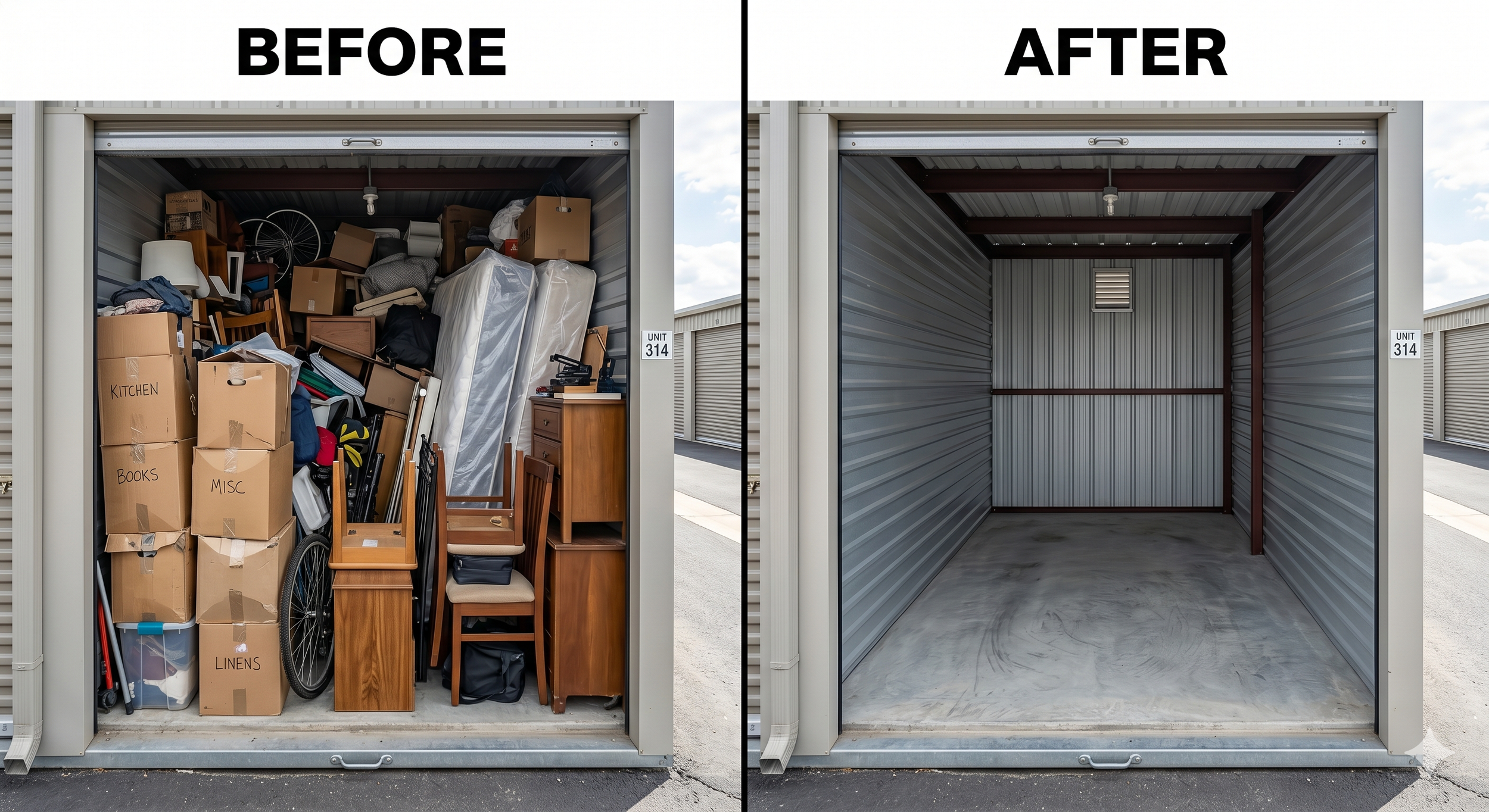 Comparison of a cluttered storage unit with boxes, furniture, and household items on the left, and an empty storage unit with gray metal walls on the right.