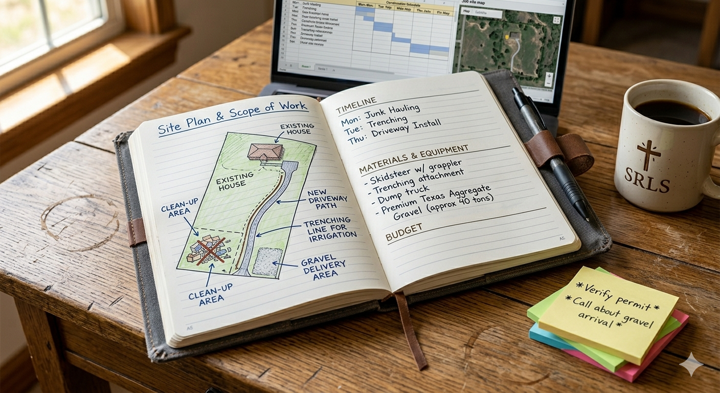 Open notebook with site plan and project timeline on a wooden table, next to a coffee mug and colorful sticky notes with notes about gravel permit. A laptop displays a schedule and map. The scene is near a window with sunlight.