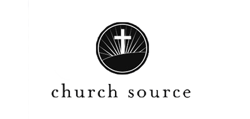 Logo with a circle containing a cross behind a hill and sun rays, with the text 'church source' beneath it.