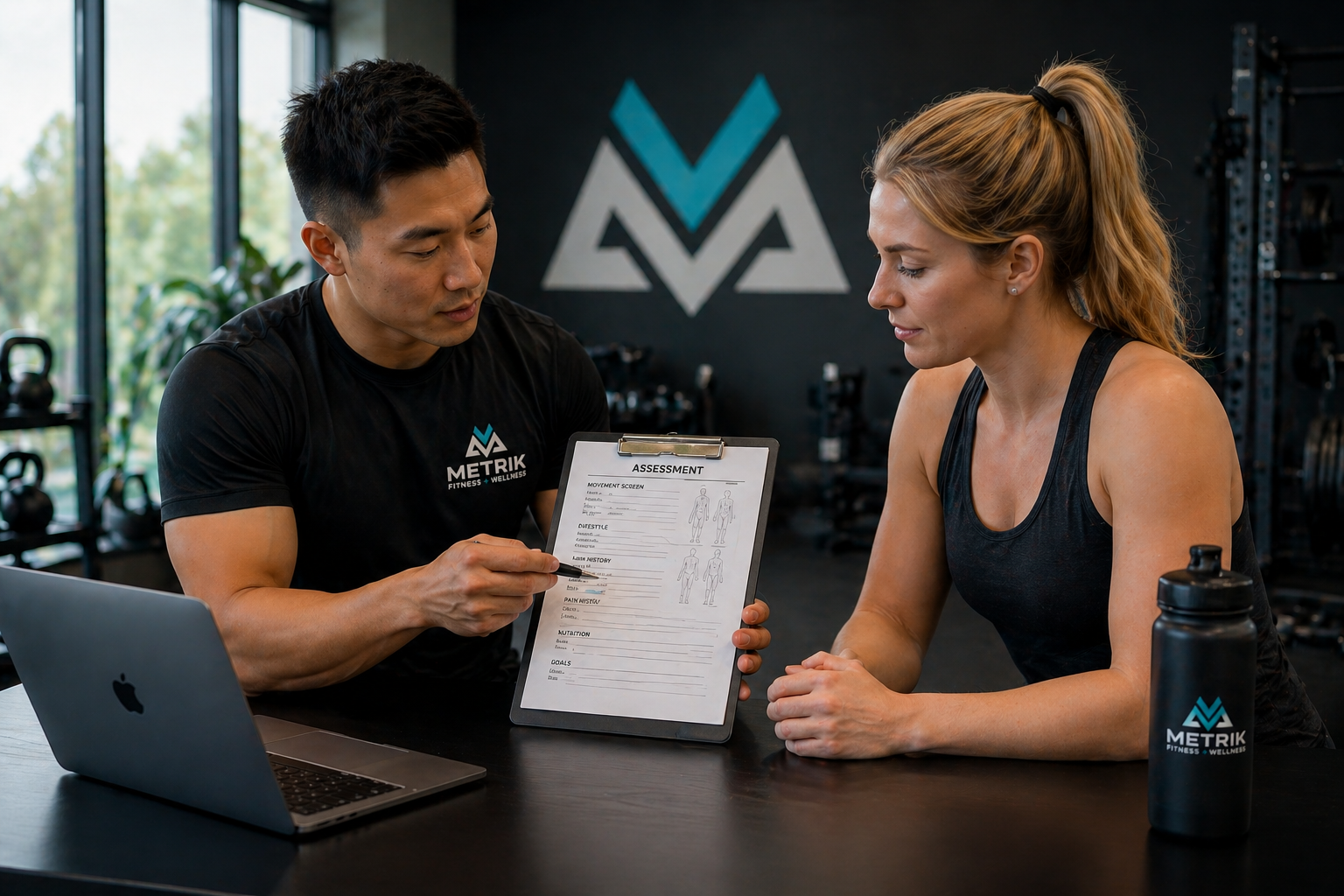Personal trainer and female client discussing fitness assessment at gym, with logo on wall and kettlebells in background.