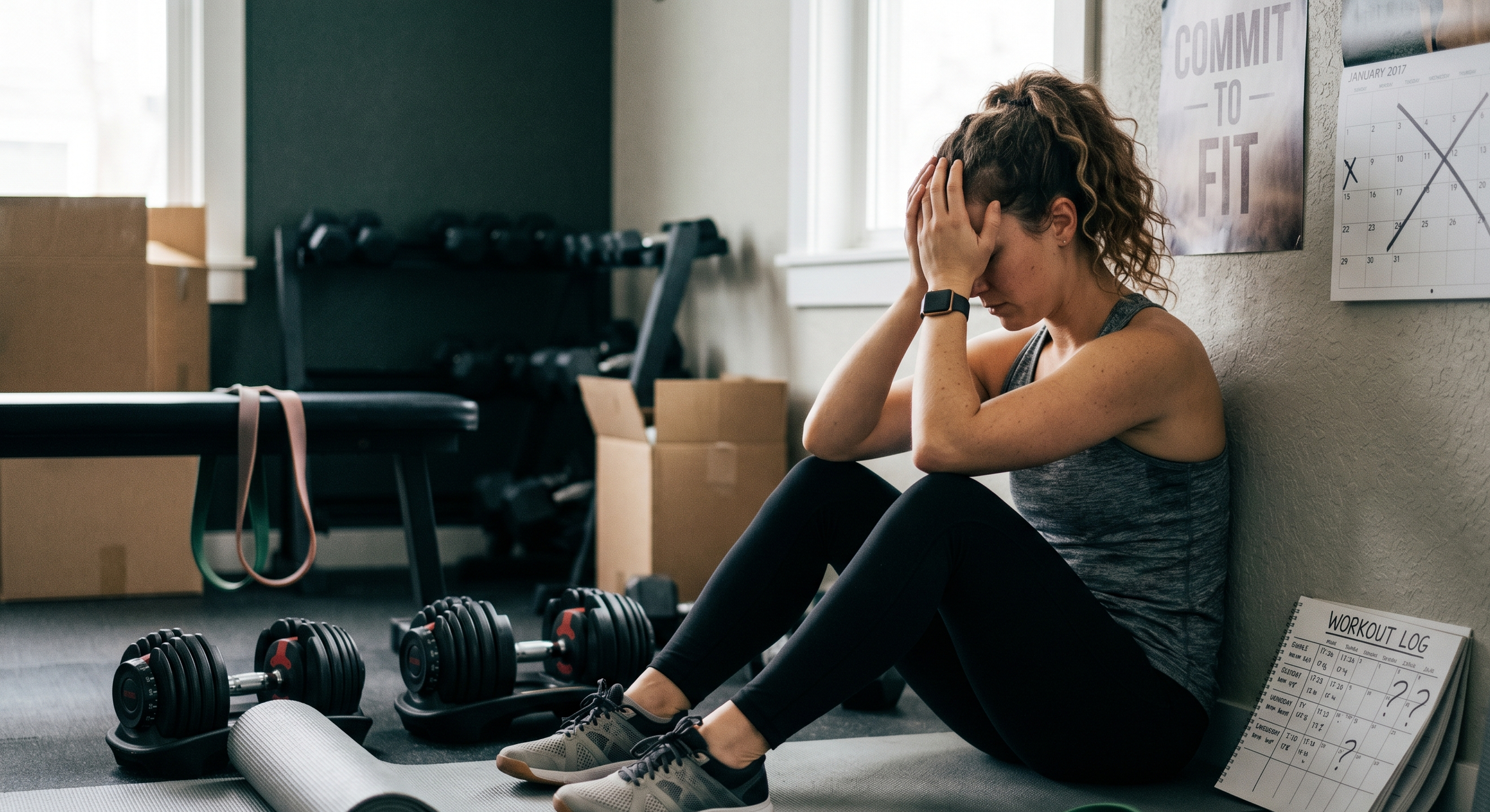 A lady in gray who's holding her head in your hand because she's not seeing the progress from her workouts. She feels burnt out.