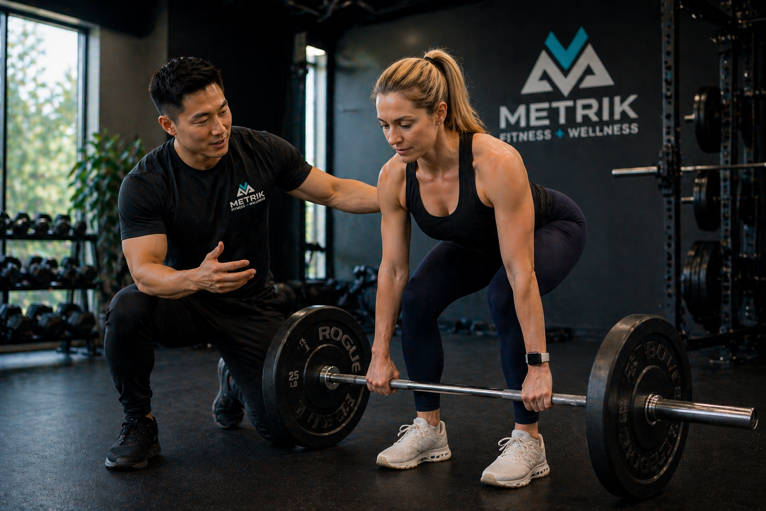 Woman lifting a barbell while a trainer guides her in a gym with 'METRIK Fitness + Wellness' signage