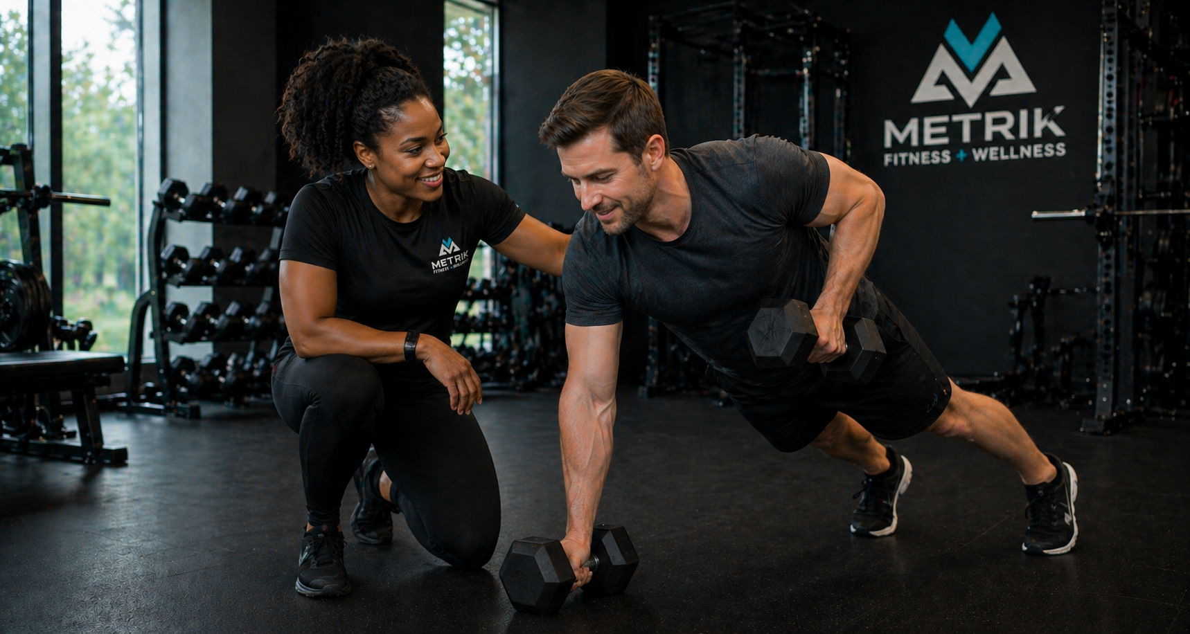 A man performing a push-up with dumbbells, guided by a female trainer in a gym with 'Metrik Fitness + Wellness' branding.