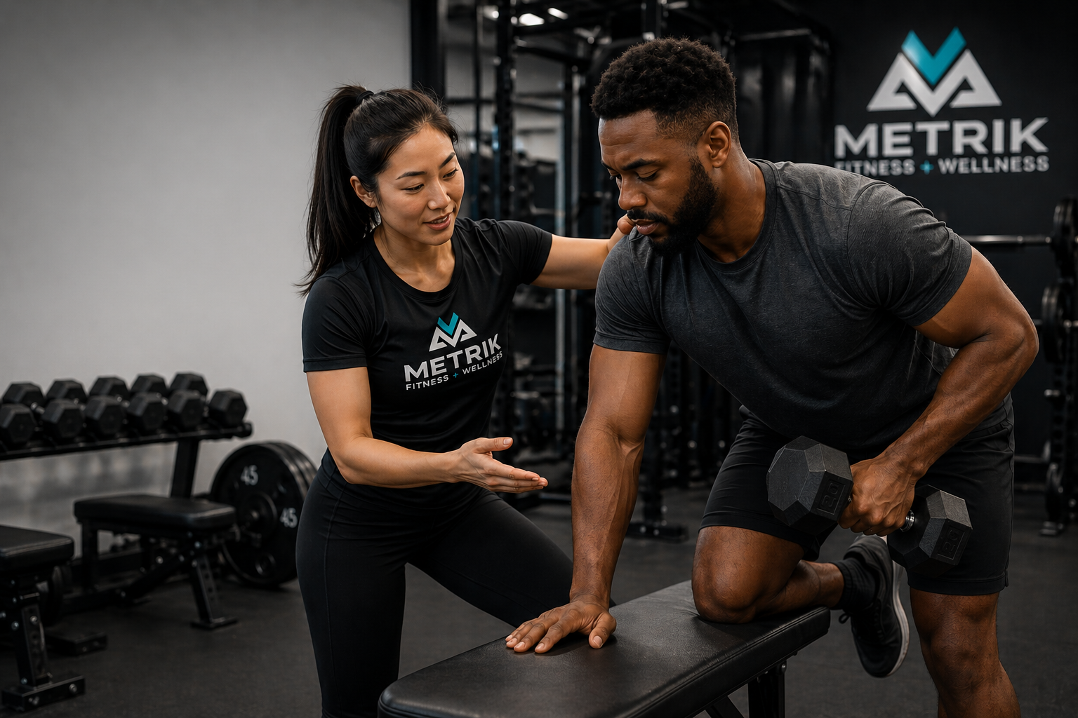 Female trainer working with her client on a 1-on-1 training session and teaching him how to do a supported bent over row.