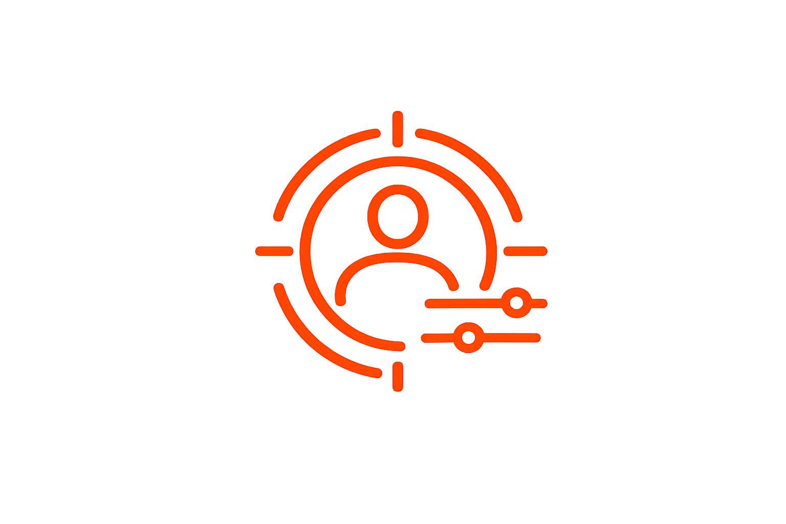 Red illuminated icon of a person's profile within crosshair and sliders, representing user settings or profile customization.