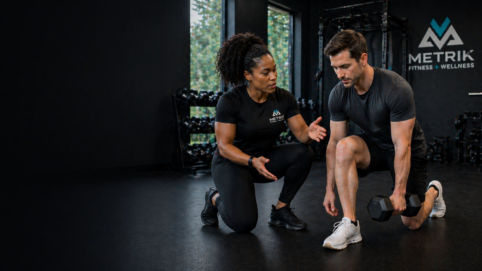 A fitness trainer instructs a man on proper exercise form with a dumbbell in a gym. The trainer is kneeling, speaking, and gesturing as the man performs a kneeling lunge with a dumbbell in his right hand. The gym has black walls, a window showing greenery, and fitness equipment in the background.