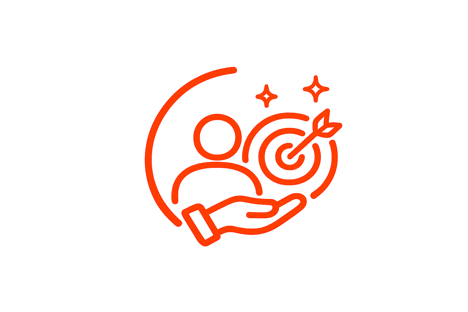 Neon orange icon of a hand holding a person with a target and arrow, surrounded by stars, representing achievement or goal setting.
