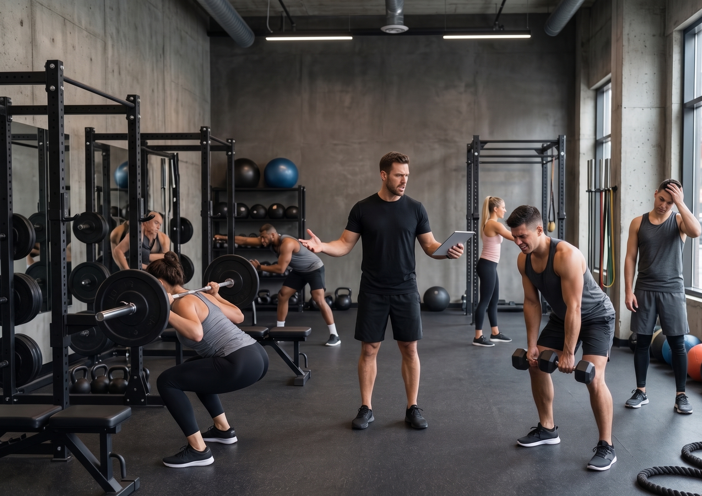 Clients in a group fitness class that looks lost and frustrated.
