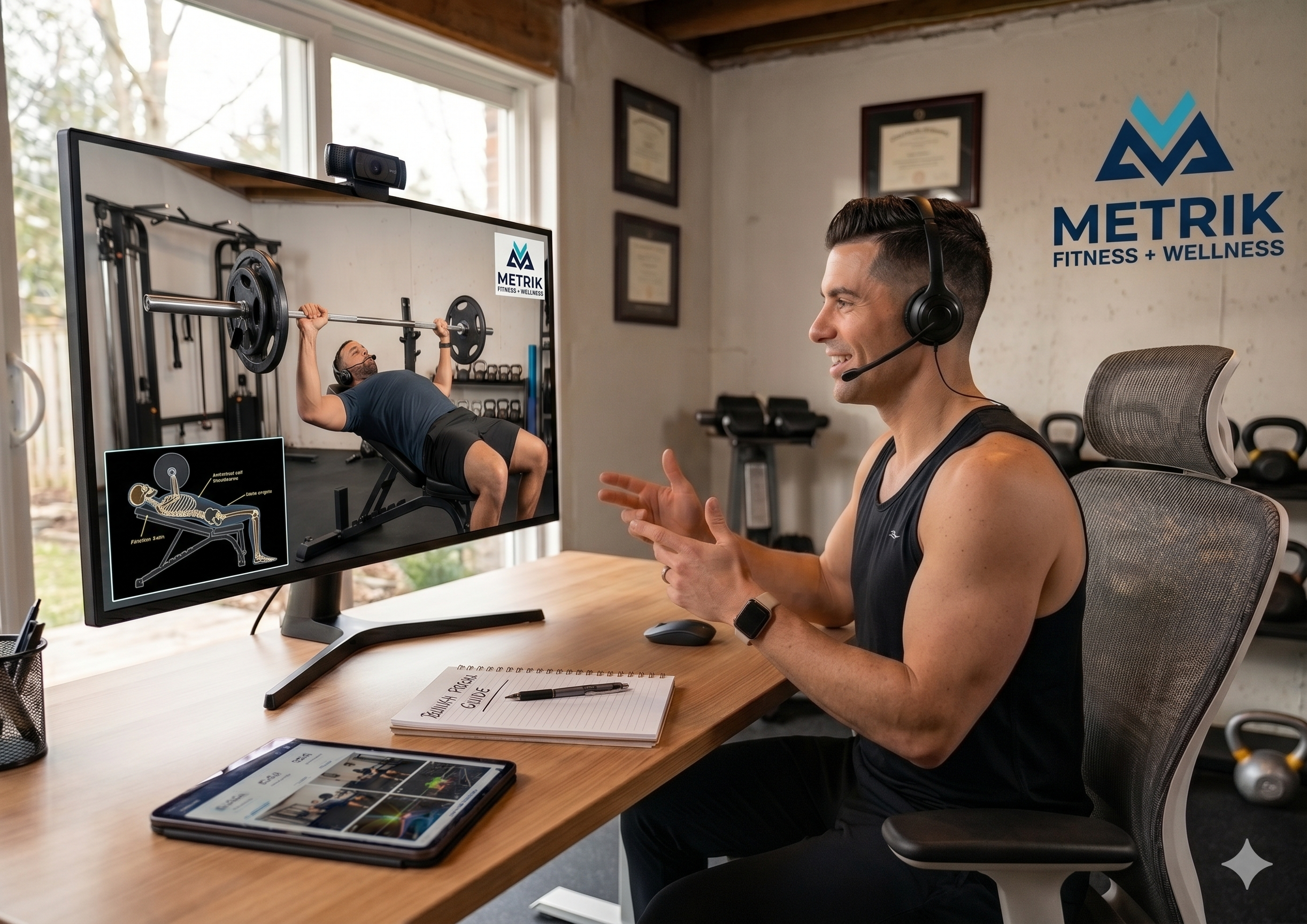 Metrik trainer talking his client through on how to do a proper bench press virtually