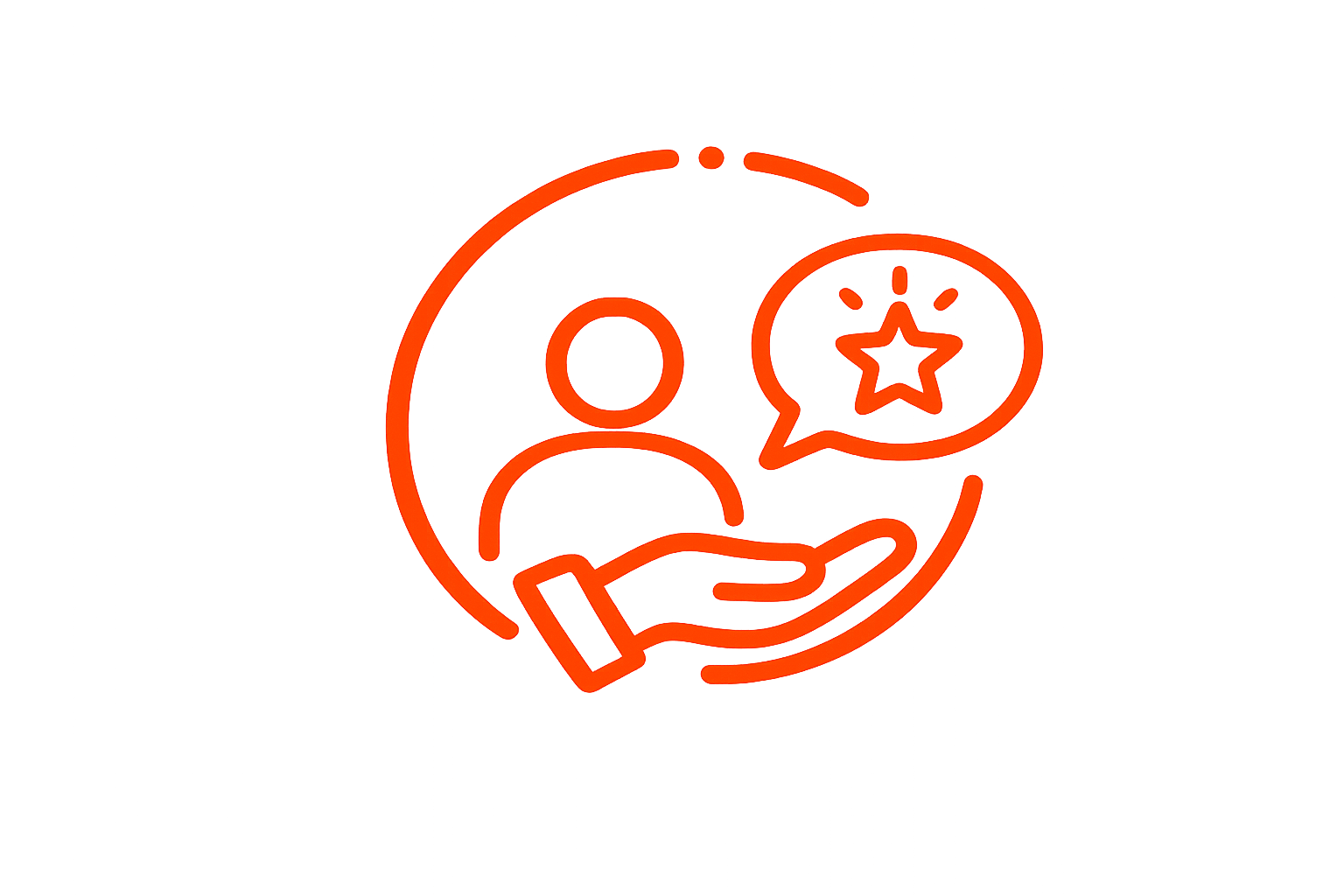 Red neon outline of a hand holding a person icon with a speech bubble containing a star, symbolizing review or feedback.