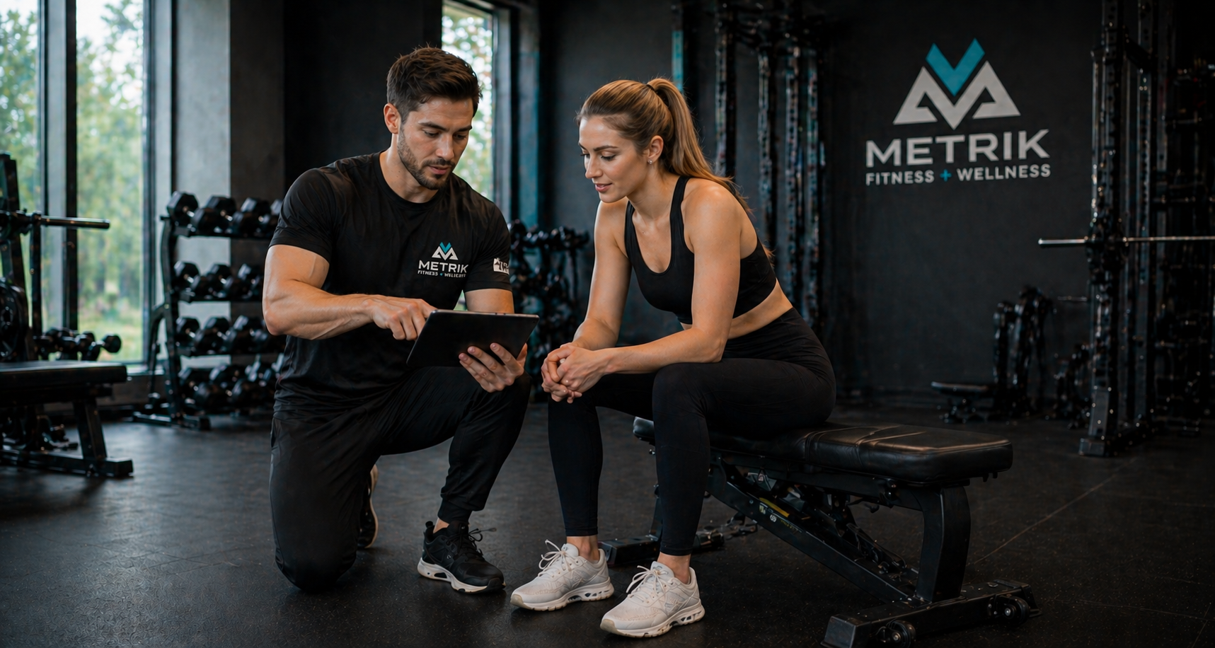 A man and a woman in workout clothes sitting on a bench in a gym, looking at a tablet together, with gym equipment and a 'Metrik Fitness + Wellness' sign in the background.