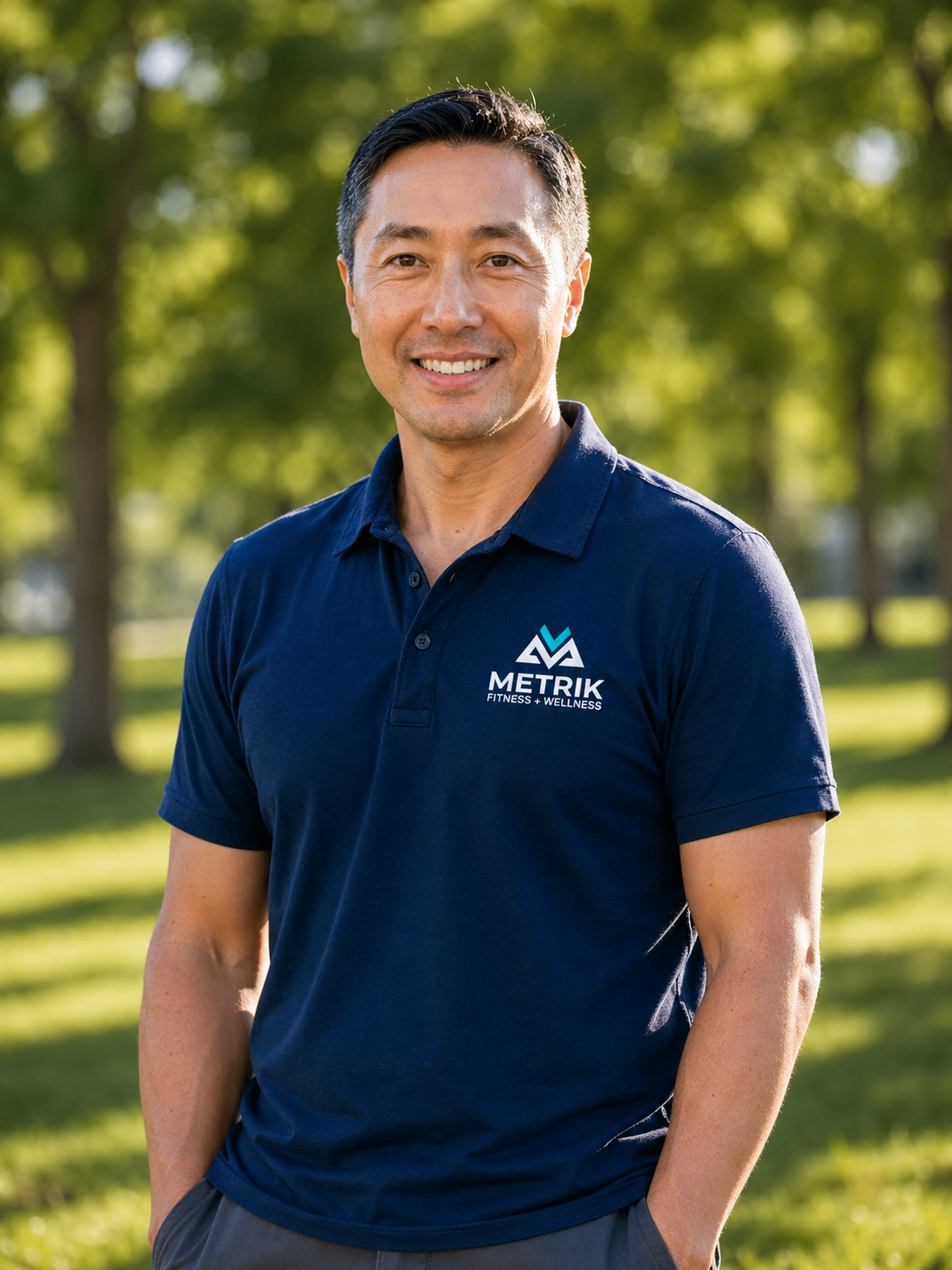 A smiling man standing outdoors in a park with green trees, wearing a navy blue polo shirt with a logo that reads "METRIK Fitness + Wellness".