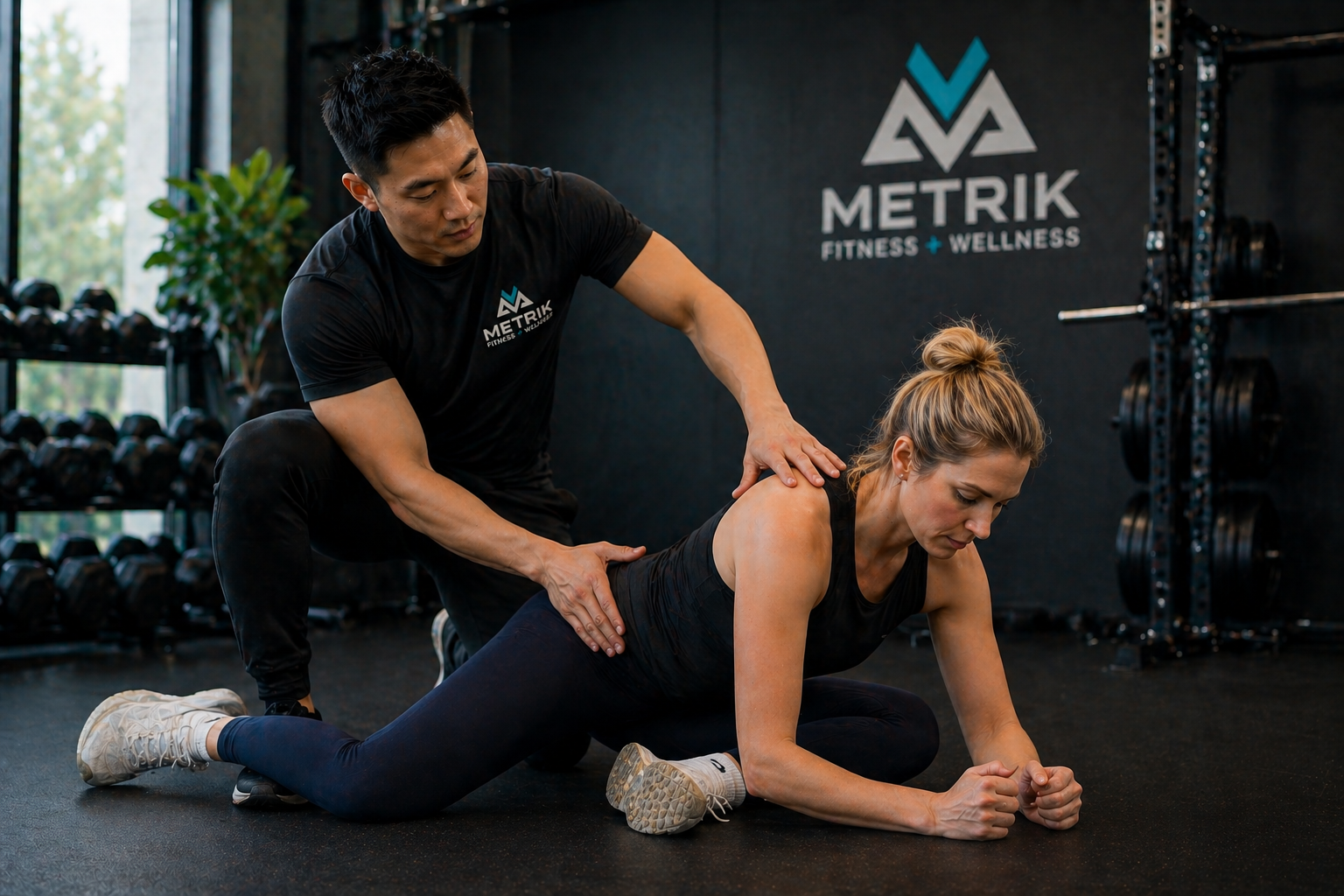 Personal trainer assisting woman with a knee push-up on black gym floor at METRIK Fitness and Wellness gym.