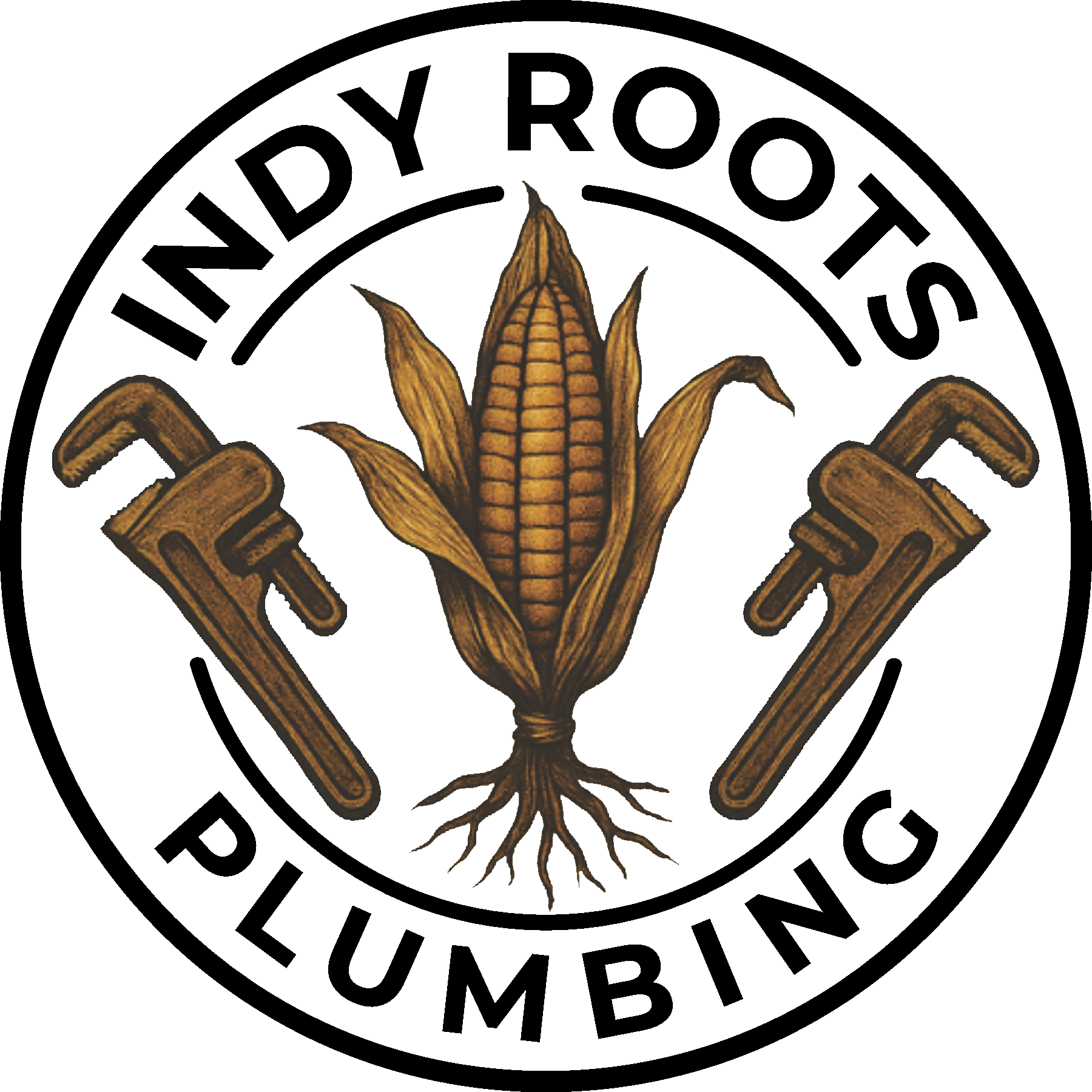 An illustration of a corn plant with a stalk and leaves, surrounded by crossed wheat and barley stalks, with a circular emblem and text around it.
