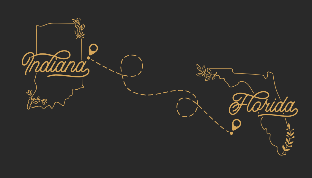 Map illustration showing a travel route from Indiana to Florida, with decorative plant elements, dashed lines, and location markers.