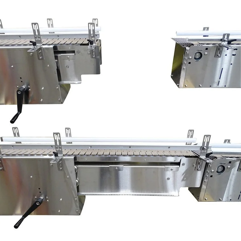 V-guided belt conveyor with blue food-grade belt conveying white bottles