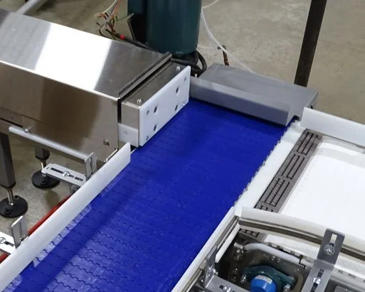 Pneumatic pusher diverting a product off a blue belt conveyor