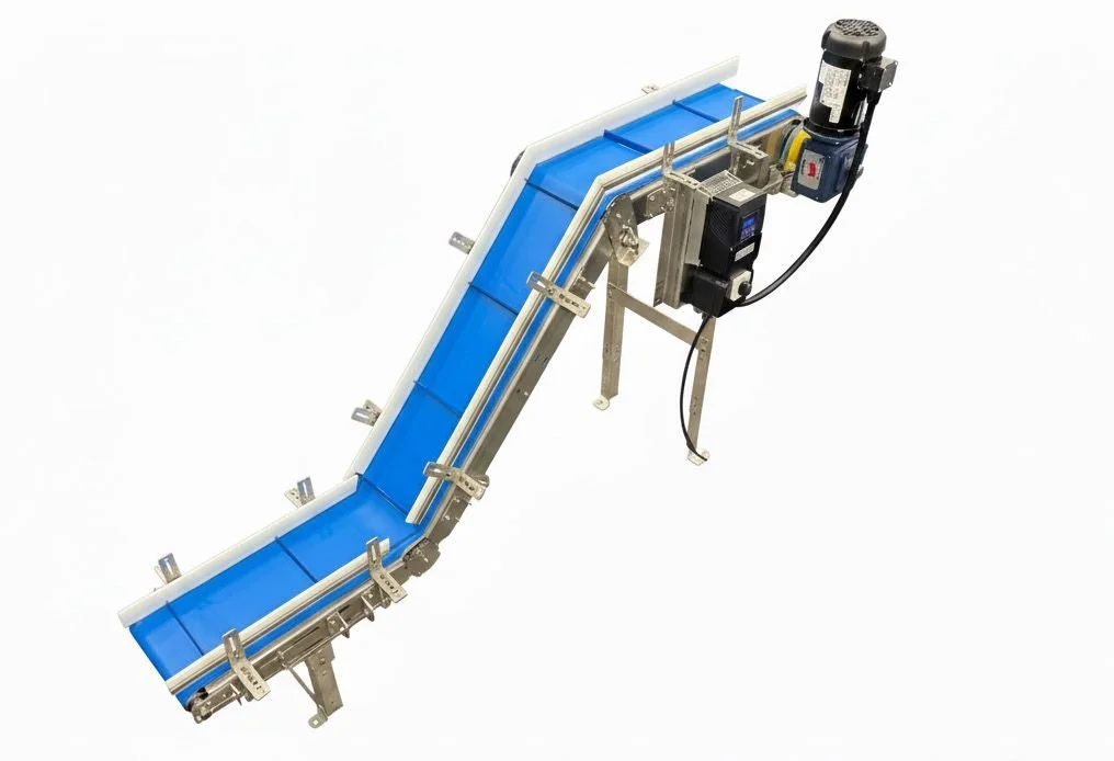 Z-frame incline belt conveyor for elevation change between floor levels
