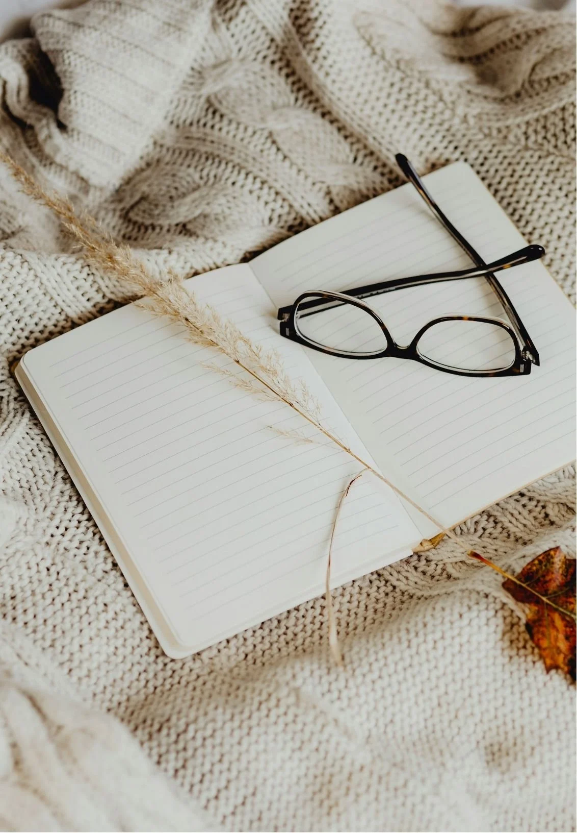 An open lined notebook with black-framed eyeglasses resting on it, a dried grass stalk, and a fall leaf lying on a cozy cream-colored knit blanket.