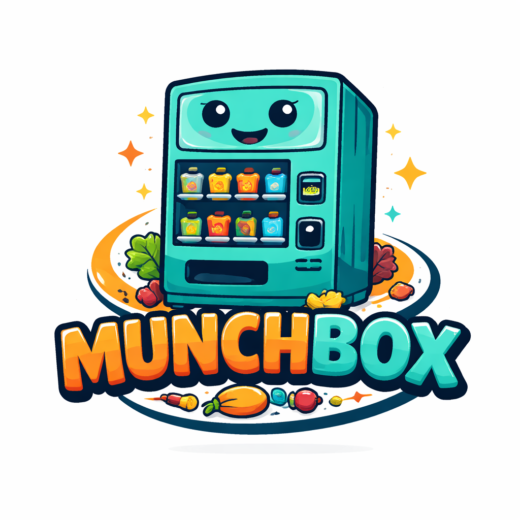 A cartoon vending machine with a smiling face, filled with colorful bottles, surrounded by vegetables and candies, and the text 'MUNCHBOX' underneath.