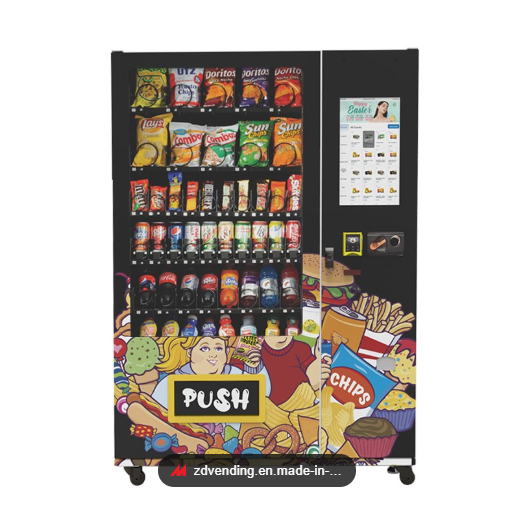 A vending machine stocked with snacks including potato chips, candy bars, and bottled drinks.