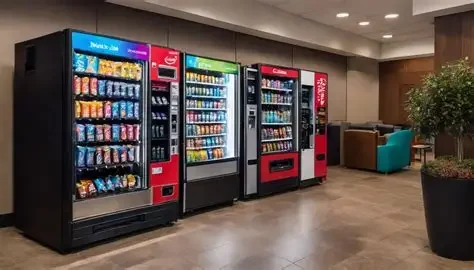 Row of vending machines in a lobby with seating and a potted plant.