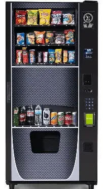 Vending machine stocked with snacks and beverages.