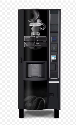 Vending coffee machine with a digital payment system and a steaming cup of coffee on the display panel.